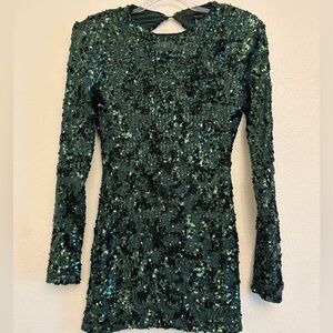 FOREVER 21 Green Sequin Mesh Bodycon Dress Long Sleeve Open Back Party M